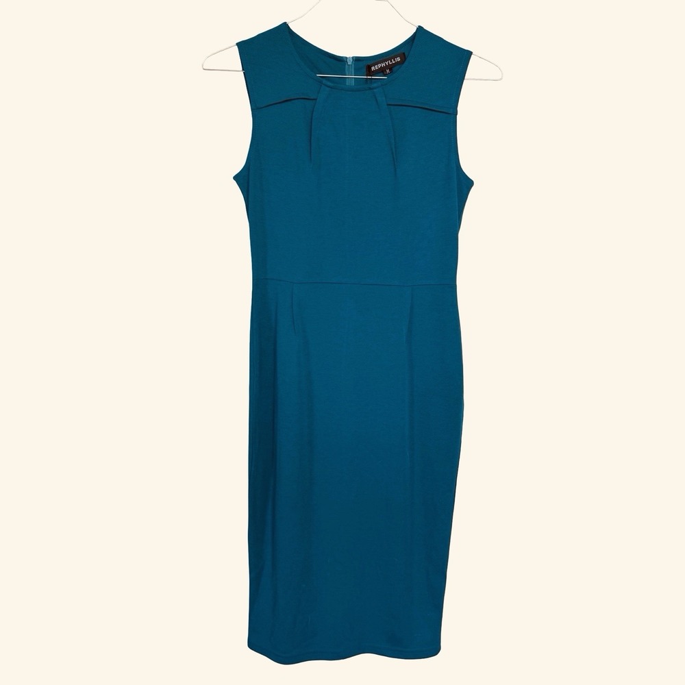 Rephyllis Sheath Dress Teal Blue Pleated Sz Medium NWT Polyester Spandex Comfort